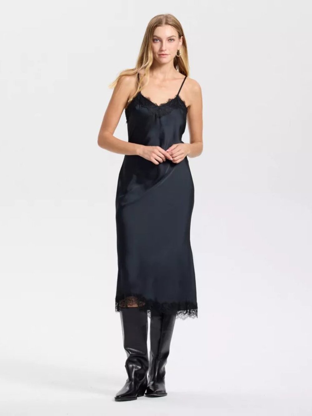 Women's Sleeveless Satin Spray Midi Slip Dress - A New Day™ Black M